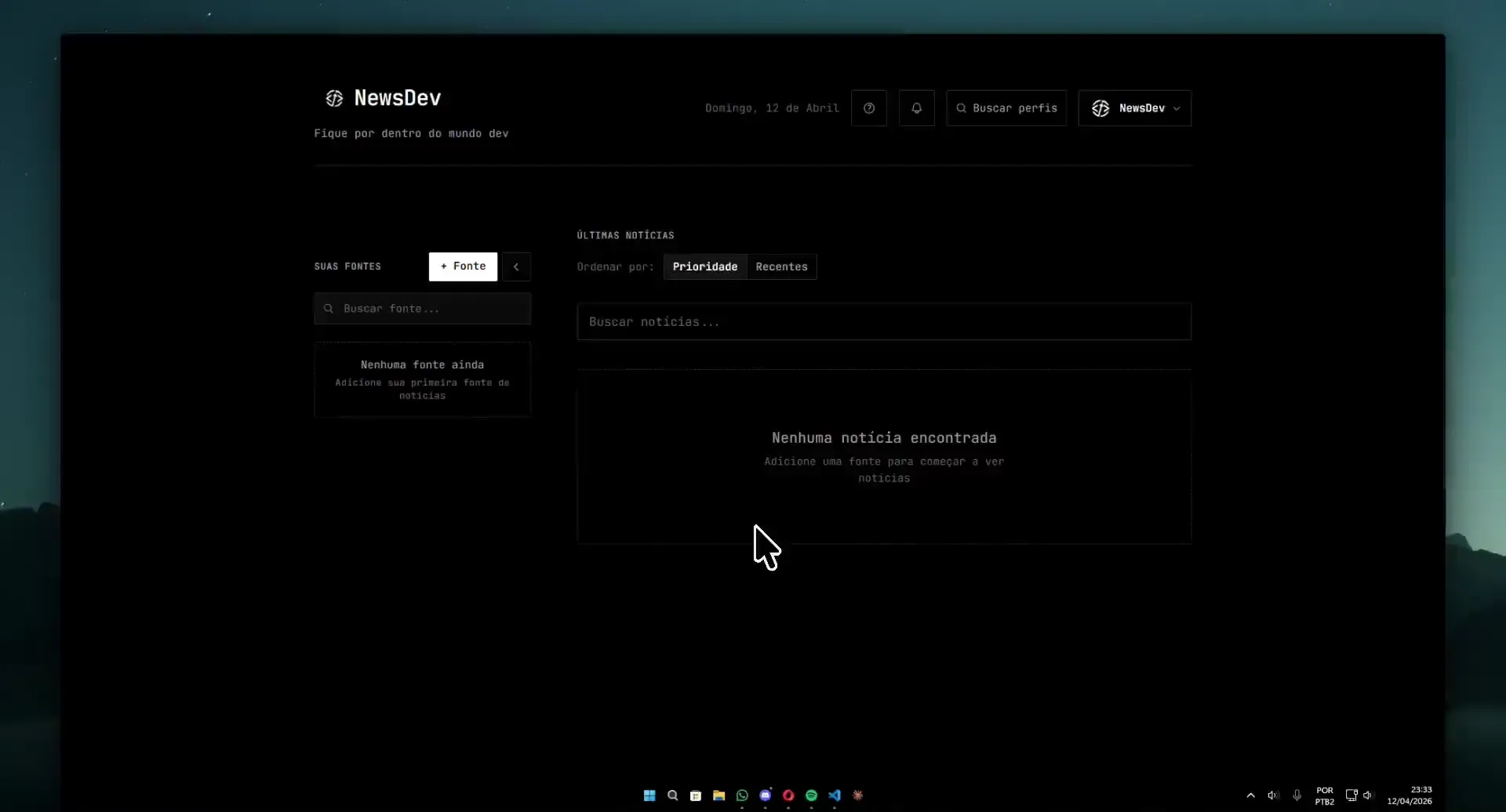 Demonstração da interface do NewsDev